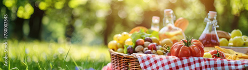 High-definition closeup of refreshing summer picnic foods, with a soft-focus outdoor background