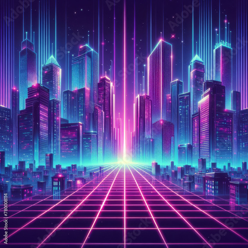 Retro futuristic cyberpunk cityscape, synthwave city background with neon light effect, blue and purple. Retrowave music, City street, sunset skyline, skyscrapers and building, neon grid lines