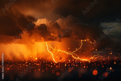 A large thunder is burning fiercely in the sky, emitting thick smoke and glowing intensely