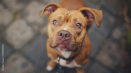 A cute Pitbull dog with floppy ears and soulful eyes, wagging its tail eagerly as it gazes up at its owner with unconditional love and loyalty
