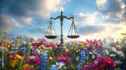 Scales of justice symbol amidst a vibrant field of wildflowers, representing balance, soft tones, fine details, high resolution, high detail, 32K Ultra HD, copyspace