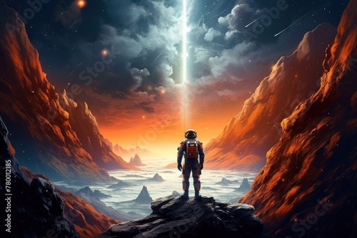 An astronaut stands on top of a mountain of an orange planet. The sky is strewn with stars, and a ray of light falls on them. The astronaut is dressed in a spacesuit and looks into the distance.