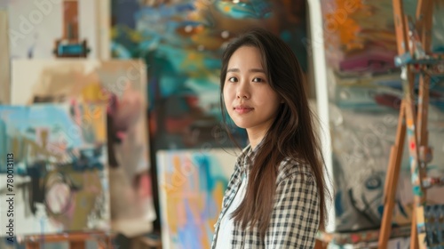 Female artist in a checkered shirt at art studio. Studio portrait with colorful abstract paintings background