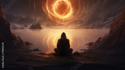 The figure sits cross-legged in front of a body of water, facing a circular light. The light is orange, with an orange spiral coming out of it. The sky is dark and the water has a red reflection.