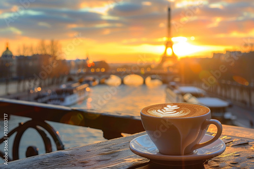 Elegant cup of cappuccino in a cozy cafe with a scenic view of Paris, golden hour