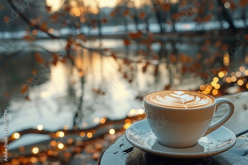 Elegant cup of cappuccino in a cozy cafe with a scenic view of a park and a pond