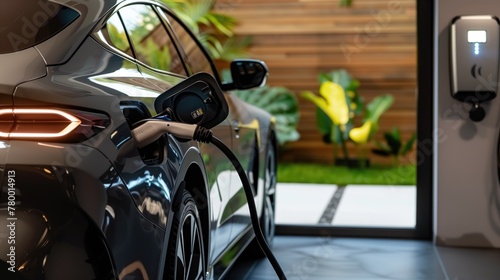 a modern electric car being charged in a stylish garage.