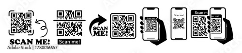 QR code scan icon with smartphone. Scan me phone tag. Quick response code or QR code set for smartphone. QR code for mobile app, payment and website.