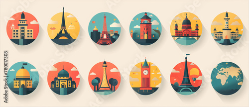 A flat design icon set for a travel app featuring landmarks from around the world