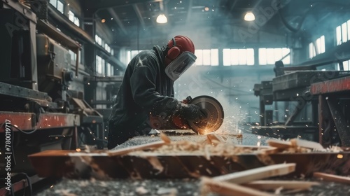 Worker in protective equipment using grinder in metal workshop. Action shot with dynamic sparks.