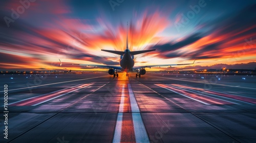 Commercial airplane on runway with dynamic motion blur sky at sunset