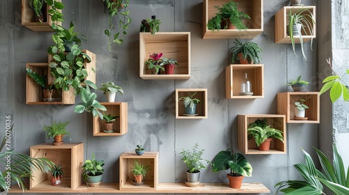 Chic wooden wall shelves dotted with exotic plants in stylish pots, elevating home aesthetics