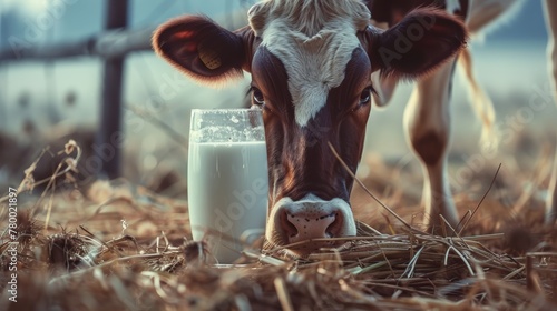 Cow staring at a glass of milk on a hay bed
