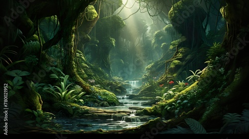 An ethereal jungle waterfall, cascading among rich greenery cloaked in soft mist, evoking a sense of wonder