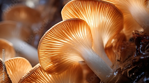 This image showcases the luminous quality of oyster mushrooms, highlighting their unique form and structure