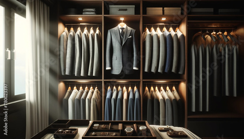 Part of a luxurious men's wardrobe, sorted by color and material and hung on special hangers in a beautifully designed closet. Chic men's wardrobe.