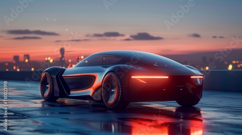 Electric concept supercar with glowing lights at dusk on rooftop parking. Artistic 3D rendering, futuristic luxury vehicle in urban landscape