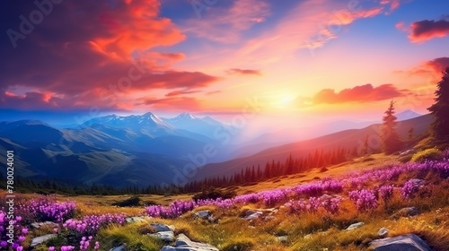 Soft rays of a setting sun bathe a vibrant meadow of wildflowers, with distant snowy mountains under a dramatic sky