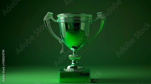 Reflective golden trophy cup on a green background with dramatic lighting. Excellence and victory concept