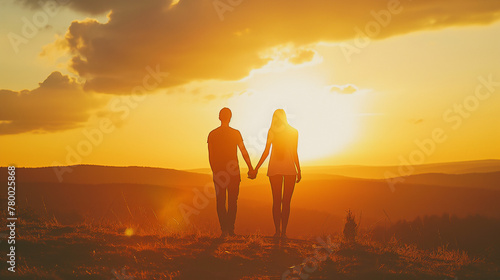 Silhouette of a couple holding hands against a vibrant sunset sky, a symbol of love and partnership - suitable for social media posts, relationship articles, and love-themed events