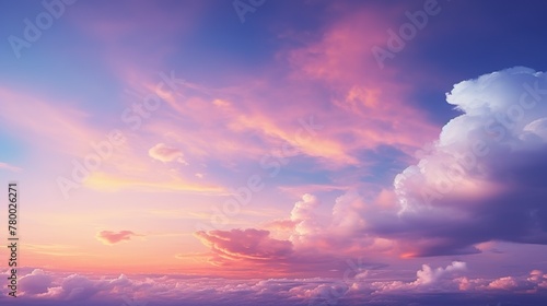 Peaceful and serene image of a sky filled with soft, fluffy clouds and a gradient of sunset colors