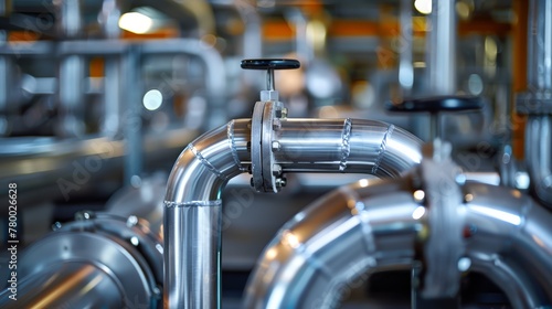 Shiny metal pipelines with valves in a modern brewery. Industrial stainless steel pipes with bolted flanges