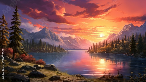 Peaceful river flowing through a mountain valley during a striking sunset, evoking serenity and contemplation