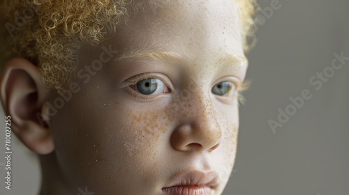 Young albino child with blue eyes looking away.