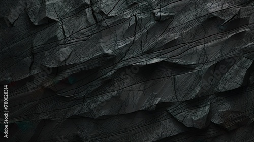 The complex layers and textures of a black rock formation are showcased in this abstract, detailed shot