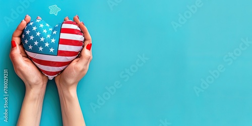 A pair of hands holding an American flag heart-shaped balloon, rising against a clear blue backdrop
