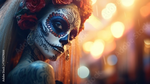 A captivating blend of beauty and horror at the Mardi Gras festival-a girl in sugar skull style makeup, a celebration of life and death.