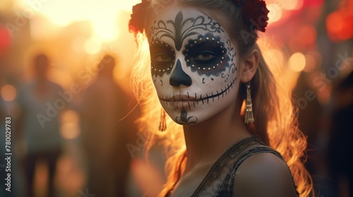 A close-up vision of spooky beauty-a girl with sugar skull style makeup at the Mardi Gras festival, capturing the essence of celebration and horror.