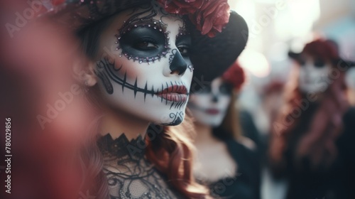 Gothic charm in a close-up-a beautiful girl with sugar skull style makeup at the Mardi Gras festival, a fusion of beauty and Halloween horror.