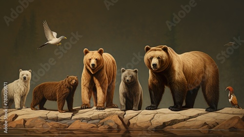 Artistic representation featuring different bear species standing together, with birds flying, showcasing unity in diversity