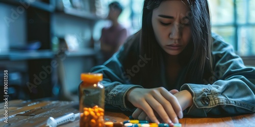 Anti drug, drug addict asian young woman, girl hand reaching for syringe, medicament with narcotic on table at home, abuse overdose.