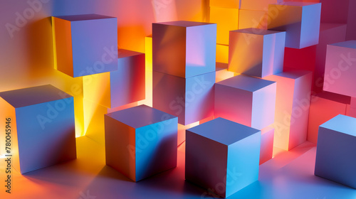  Red and pink glowing abstract cubes in a dynamic array.