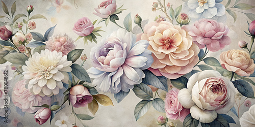A vintage-inspired botanical print featuring illustrations of roses, peonies, and other classic flowers
