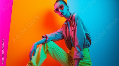Fashion model striking a confident pose in front of a vibrant, colorful backdrop. Confident young woman in stylish attire poses against a vibrant background. 