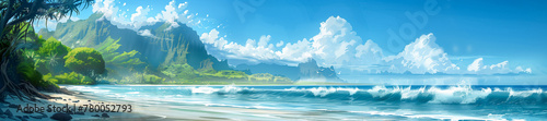 A beautiful beach on tropical island with ocean waves, blue sky and mountains in the background. Long banner in digital art style.