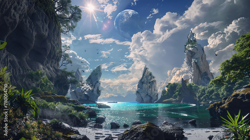 fantasy landscape with lake and mountains