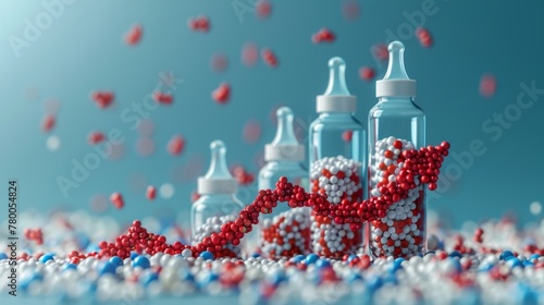 A concept of decline in fertility, depopulation, demographic crisis. Three-dimensional illustration of baby bottles with graphs and down-arrows.
