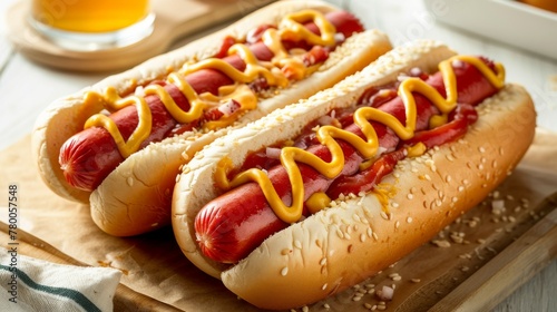 Gourmet hotdogs with mustard and ketchup on sesame bread as delicious fast-food option