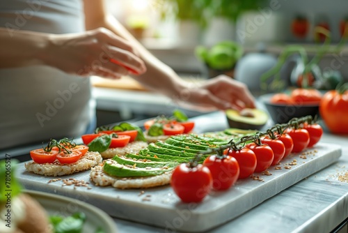 A high-key photo of a nutritionist at a white marble countertop, arranging a platter of whole-grain rice cakes topped with avocado and cherry tomatoes