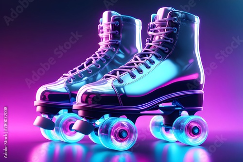 Vibrant retro roller skates on neon background