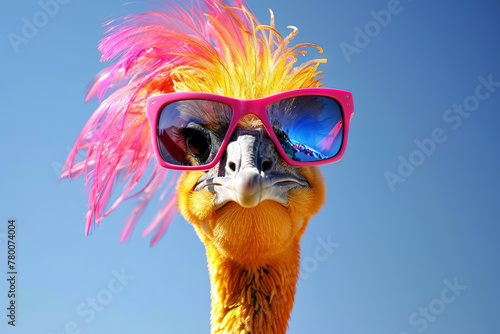 Pink and yellow ostrich wearing sunglasses