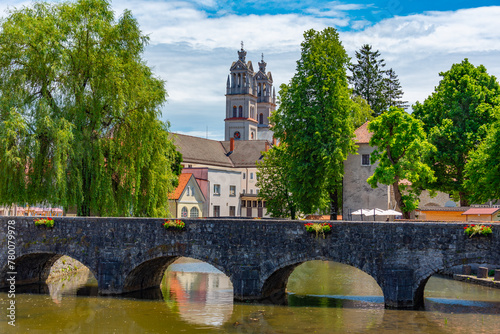 Bistrica river and the Saint Stephen parish church in Slovenian town Ribnica