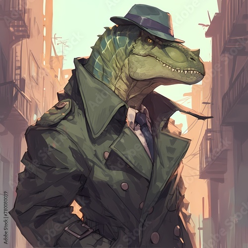Jurassic Noir: An Allosaurus in a Trench Coat and Fedora