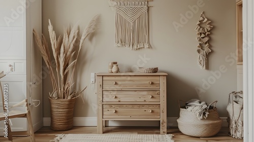 Stylish scandinavian decor in beige room with natural wood chest of drawers, wicker baskets, dry flowers and raffia macrame on the wall. Modern interior with beige background walls, wooden furniture a