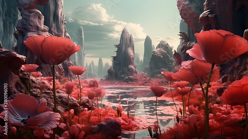 Tranquil Oasis: Vibrant Poppies Stretching Across a Serene Pond, Creating a Captivating Scene of Natural Beauty and Peaceful Reflection