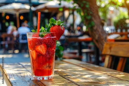 Freshly-made strawberry mojito with fresh mint on wooden table in charming street cafe
